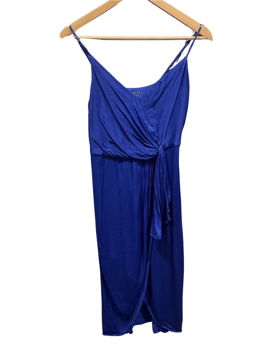 By Anthropologie Blue Satin Draped Wrap Midi Cocktail Dress 0P Petite Wedding - Picture 2 of 12